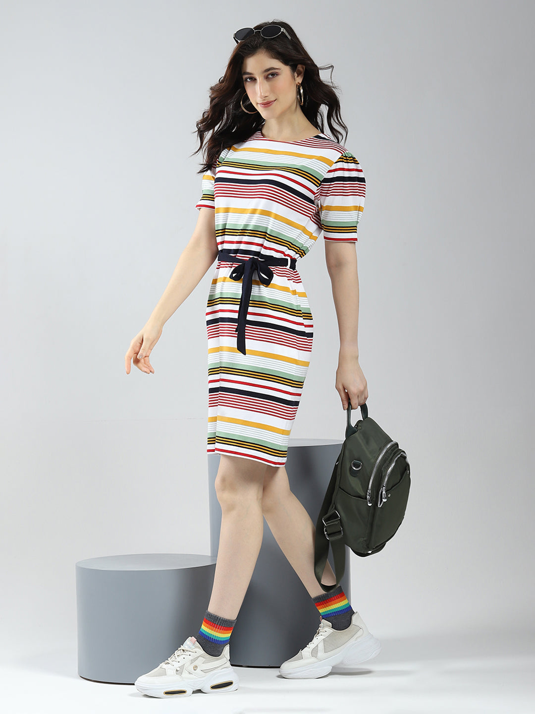 Women Multicolor Stripe Round Neck Half Sleeve Dress