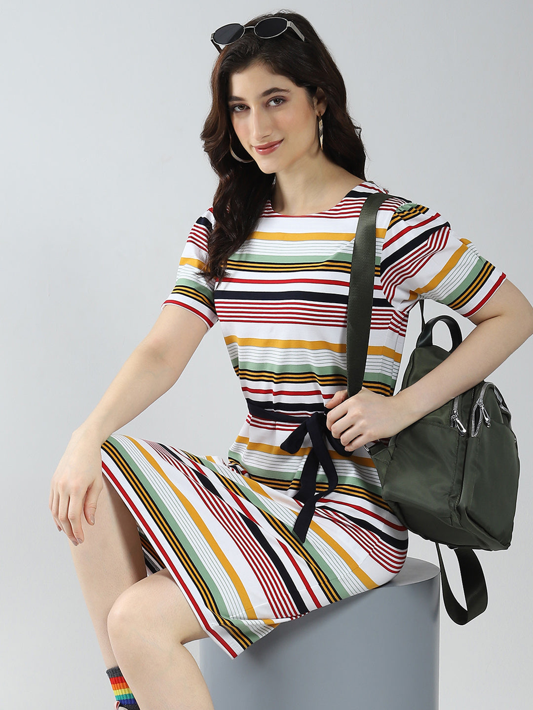 Women Multicolor Stripe Round Neck Half Sleeve Dress
