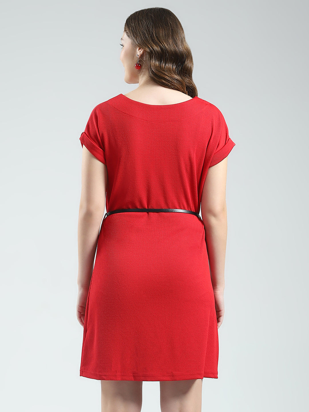 Women Red Self Design Round Neck Half Sleeve Dress