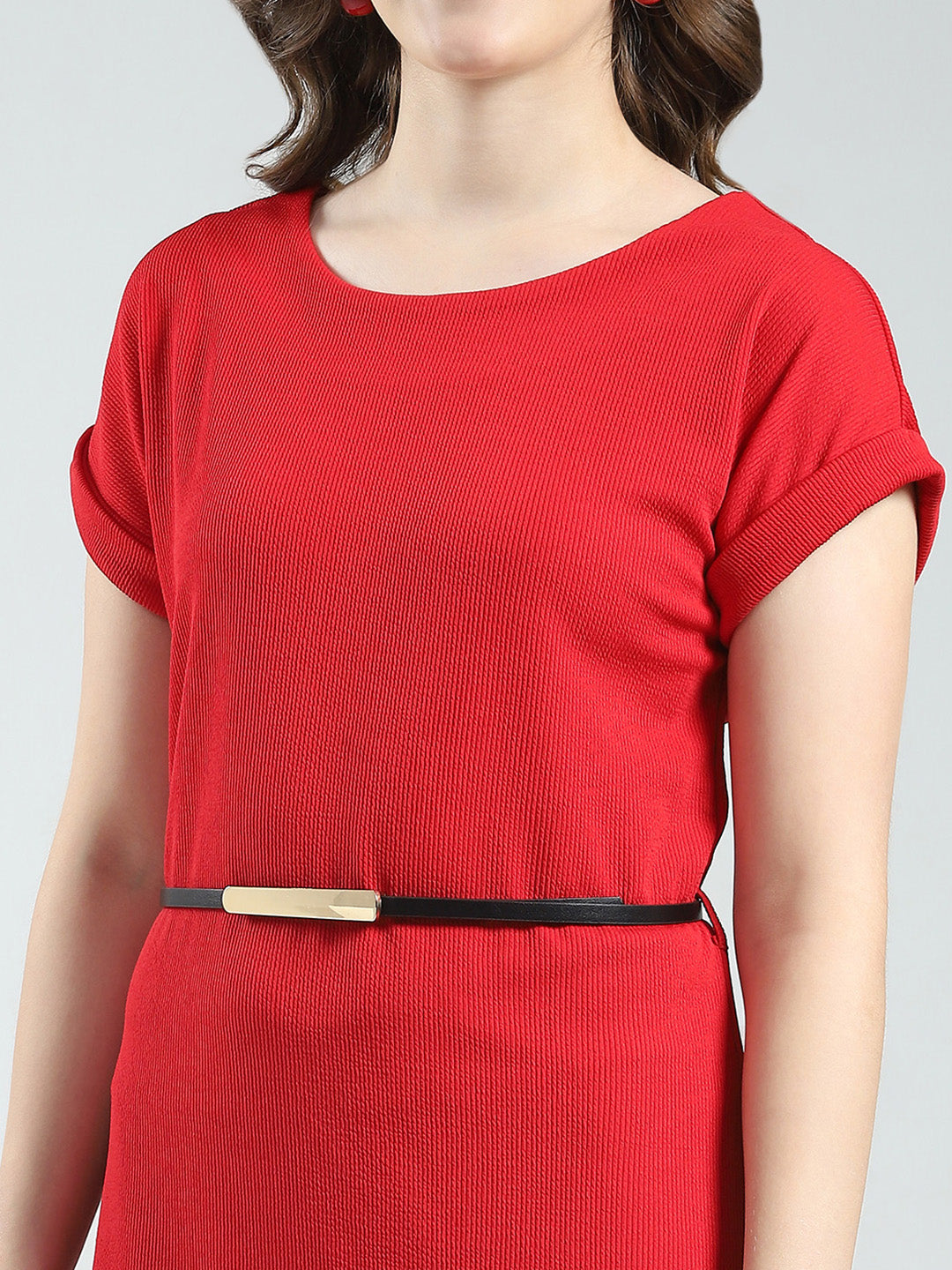 Women Red Self Design Round Neck Half Sleeve Dress