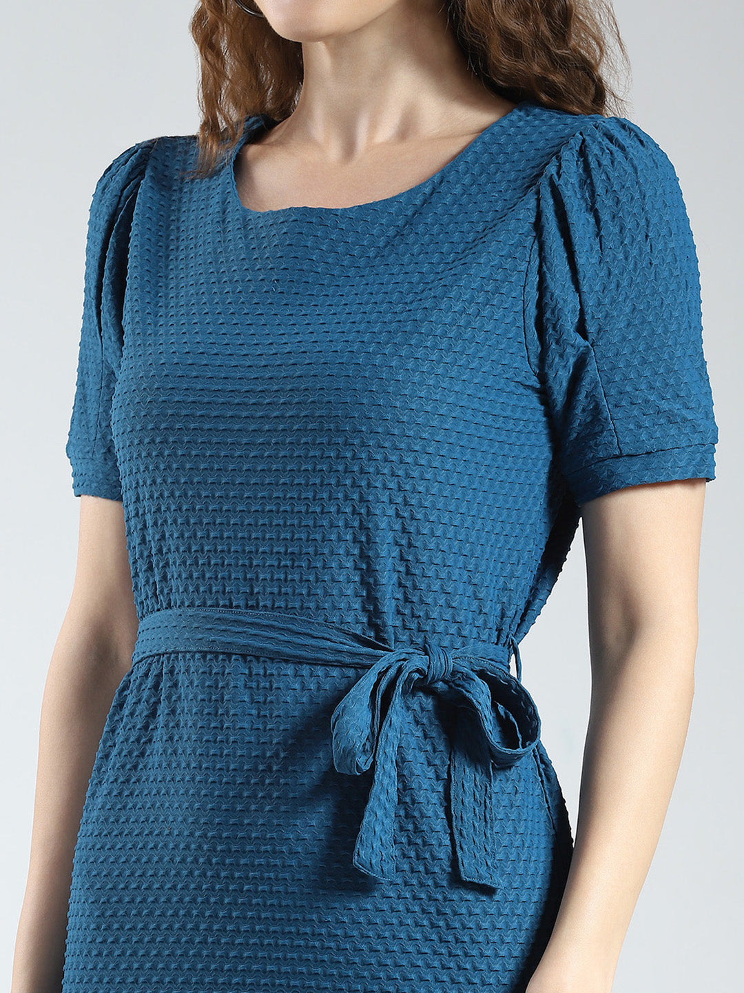 Women Blue Self Design Round Neck Half Sleeve Dress