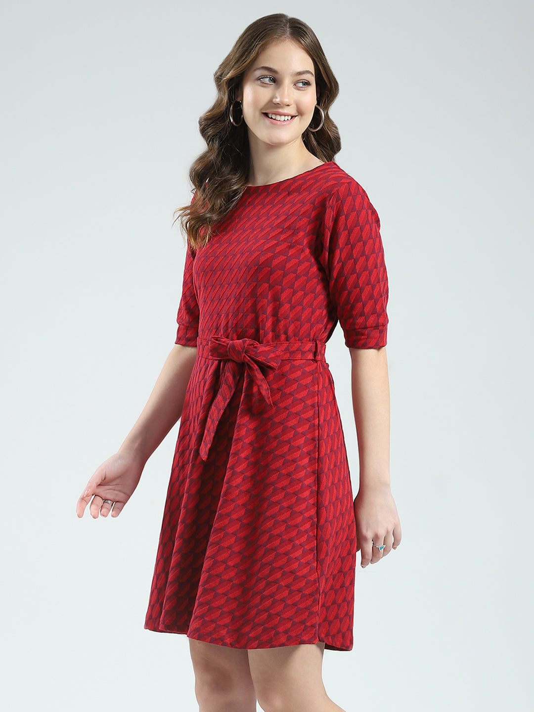 Women Red Self Design Round Neck Half Sleeve Dress