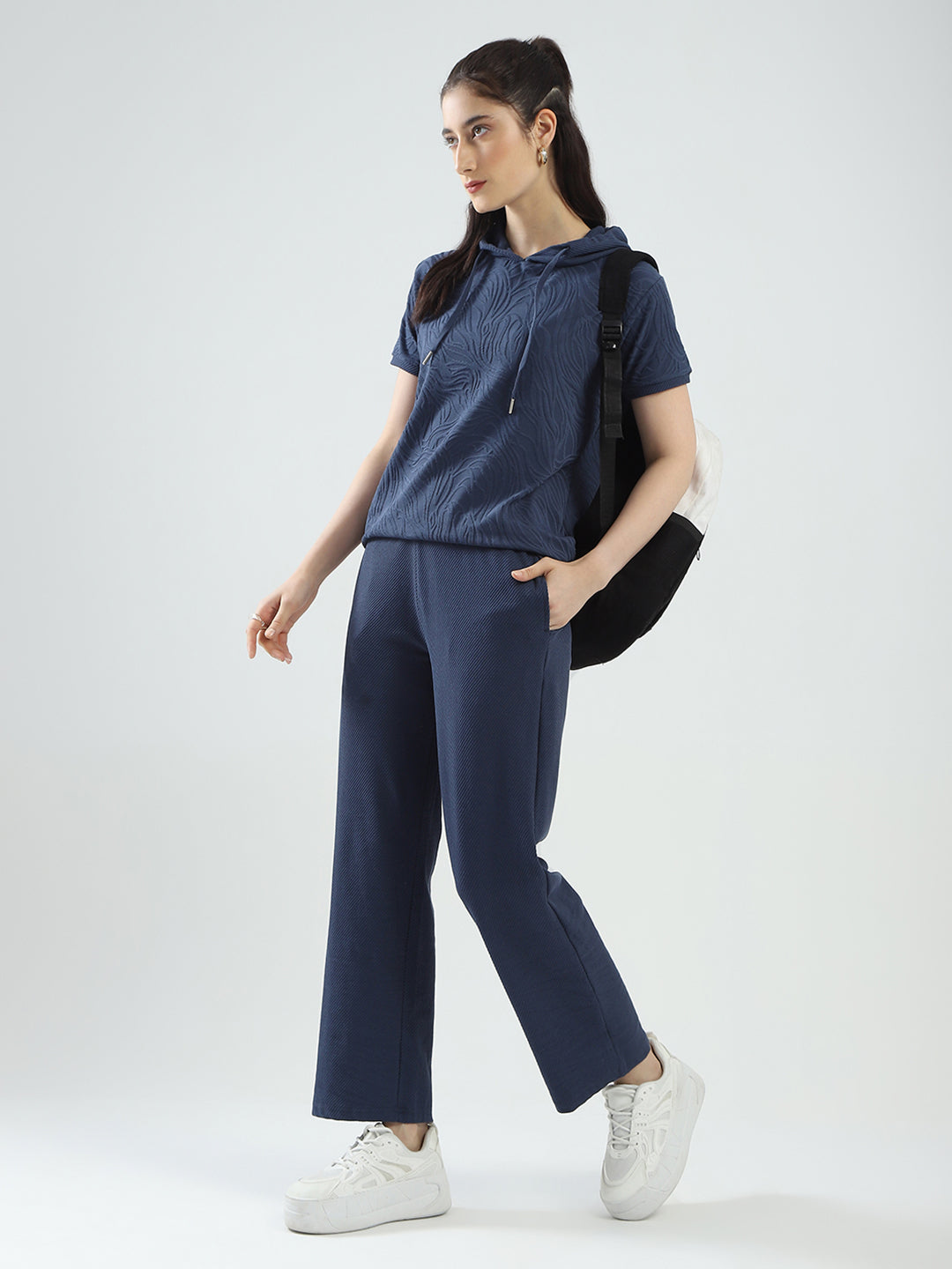 Women Blue Self Design Hooded Half Sleeve Cords Set