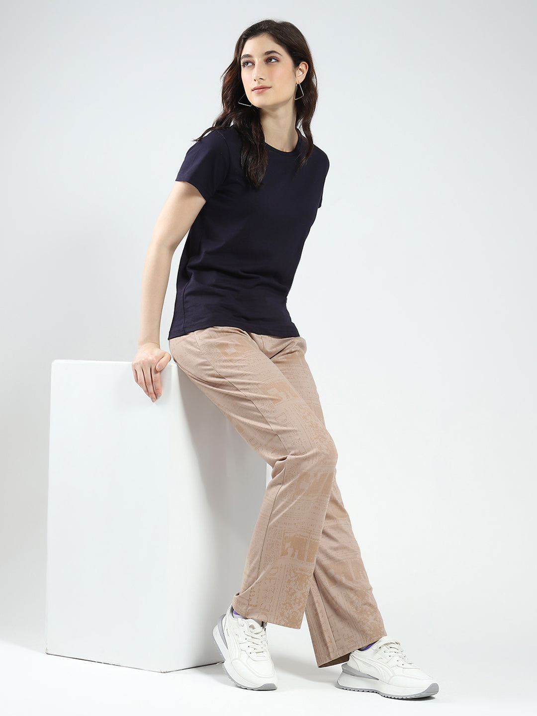 Women Khaki Printed Regular Fit Lower