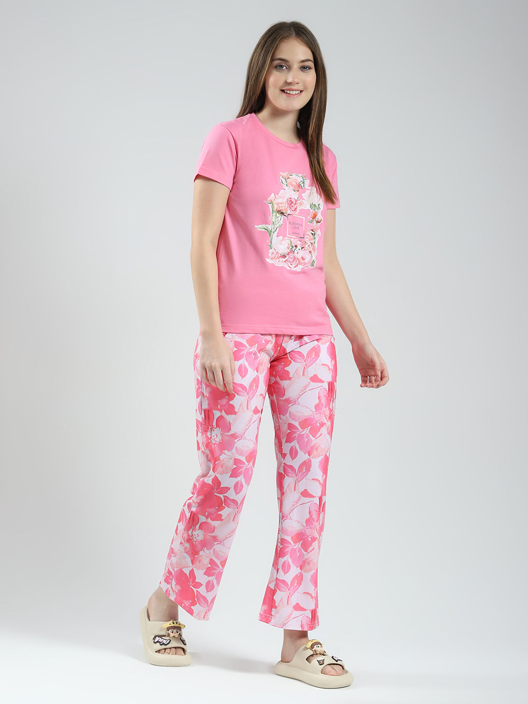 Women Pink Printed Round Neck Half Sleeve Lower Set