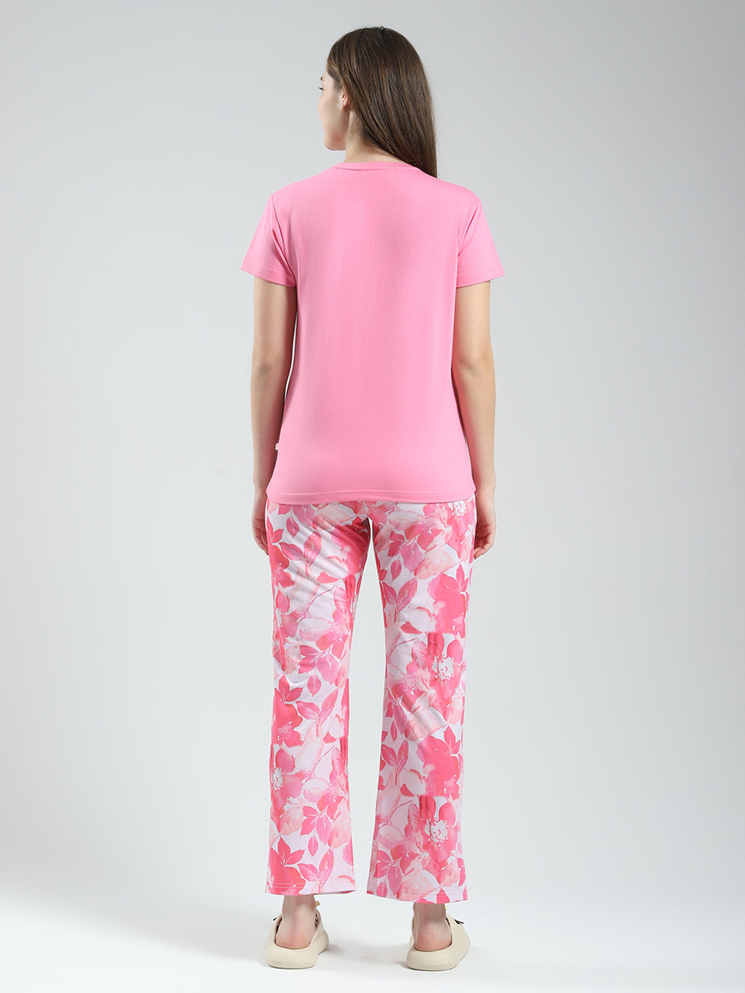 Women Pink Printed Round Neck Half Sleeve Lower Set