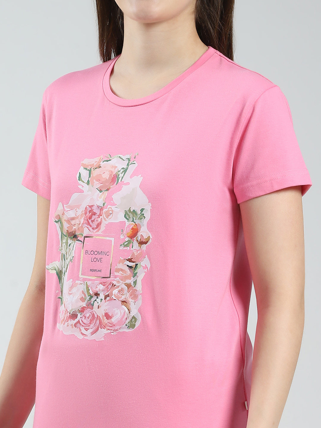 Women Pink Printed Round Neck Half Sleeve Lower Set