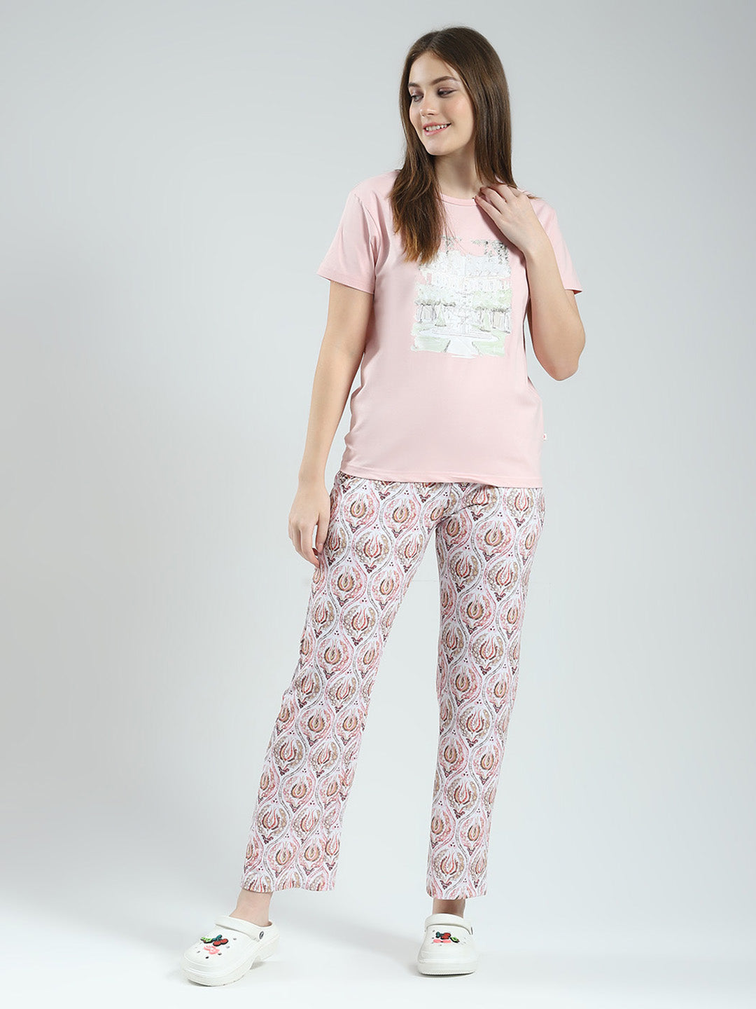 Women Pink Printed Round Neck Half Sleeve Lower Set