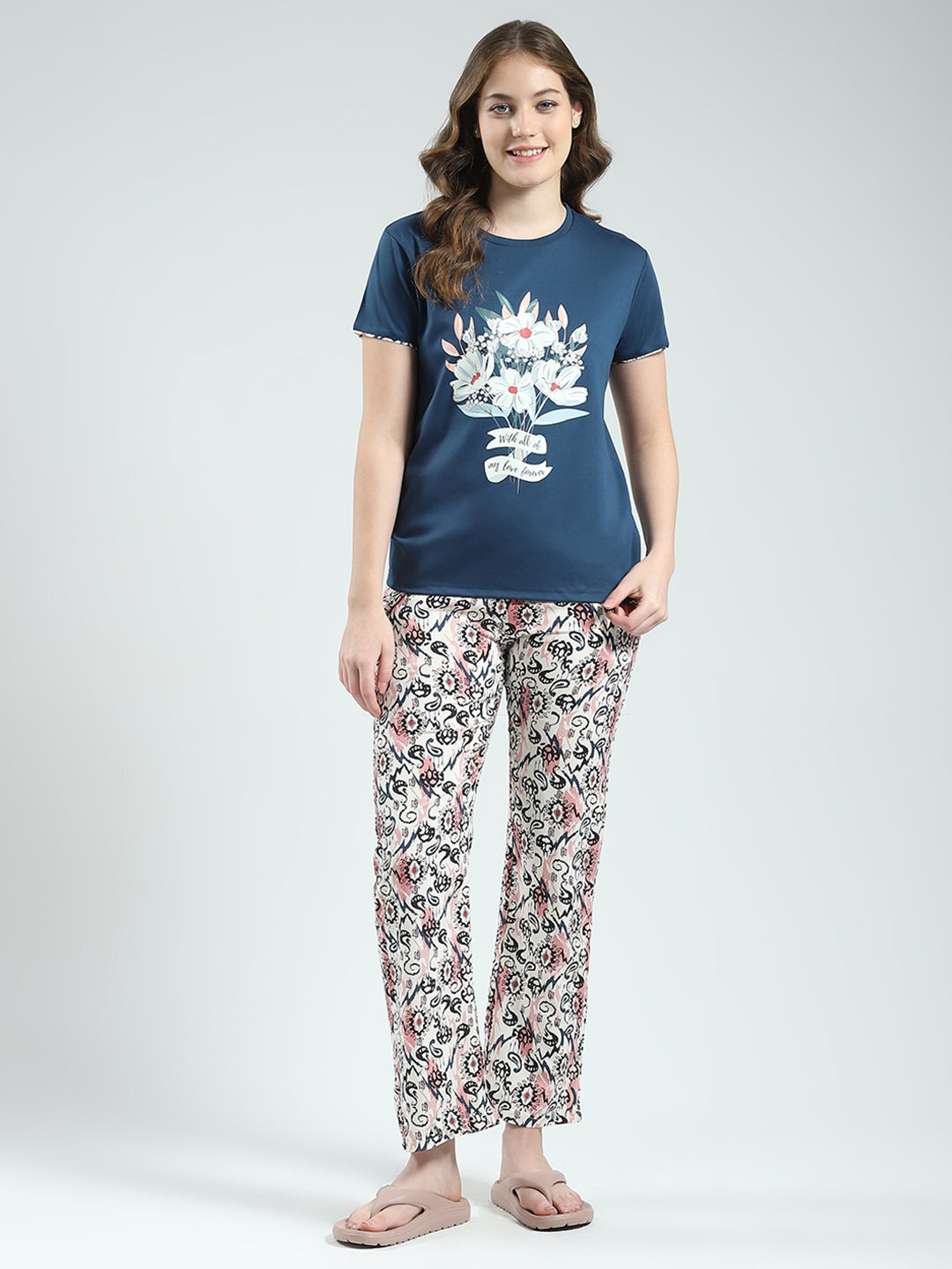 Women Blue Printed Round Neck Half Sleeve Lower Set