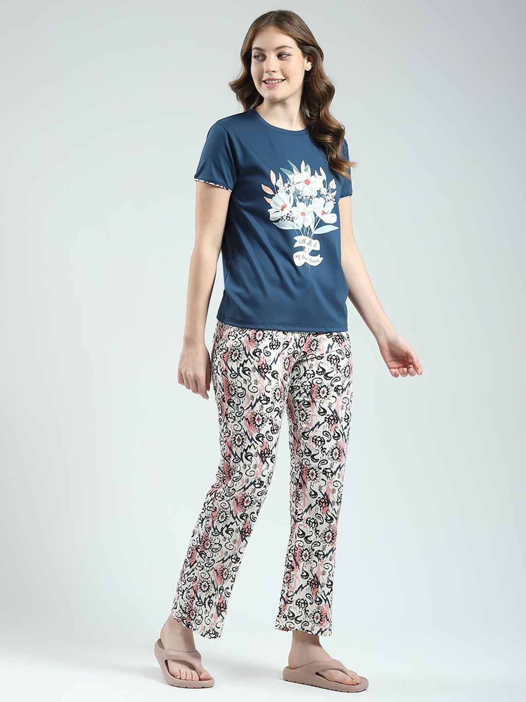 Women Blue Printed Round Neck Half Sleeve Lower Set