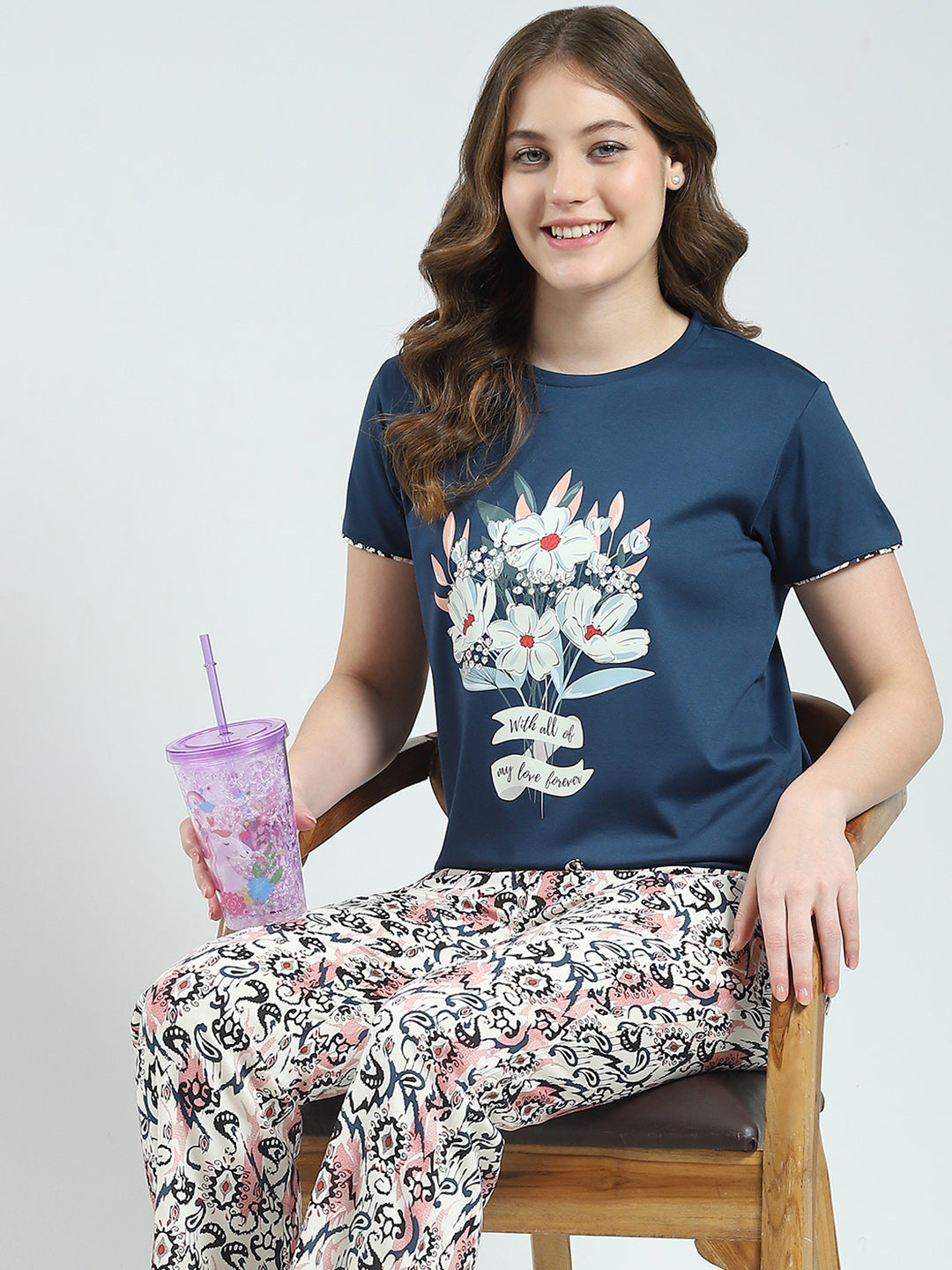 Women Blue Printed Round Neck Half Sleeve Lower Set