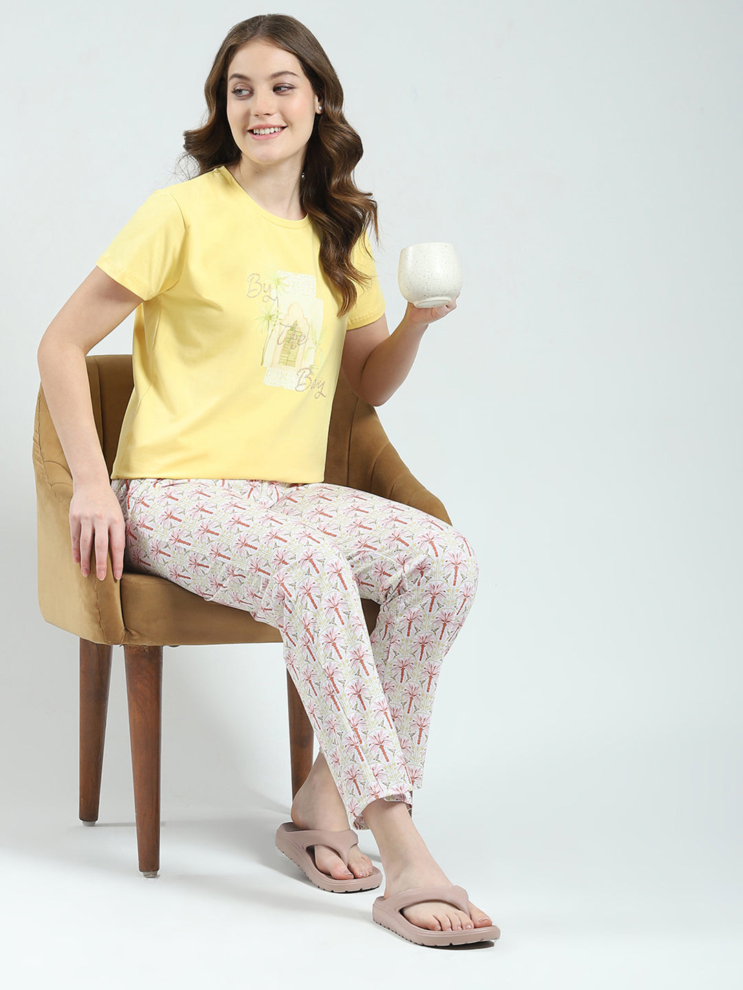 Women Yellow Printed Round Neck Half Sleeve Lower Set