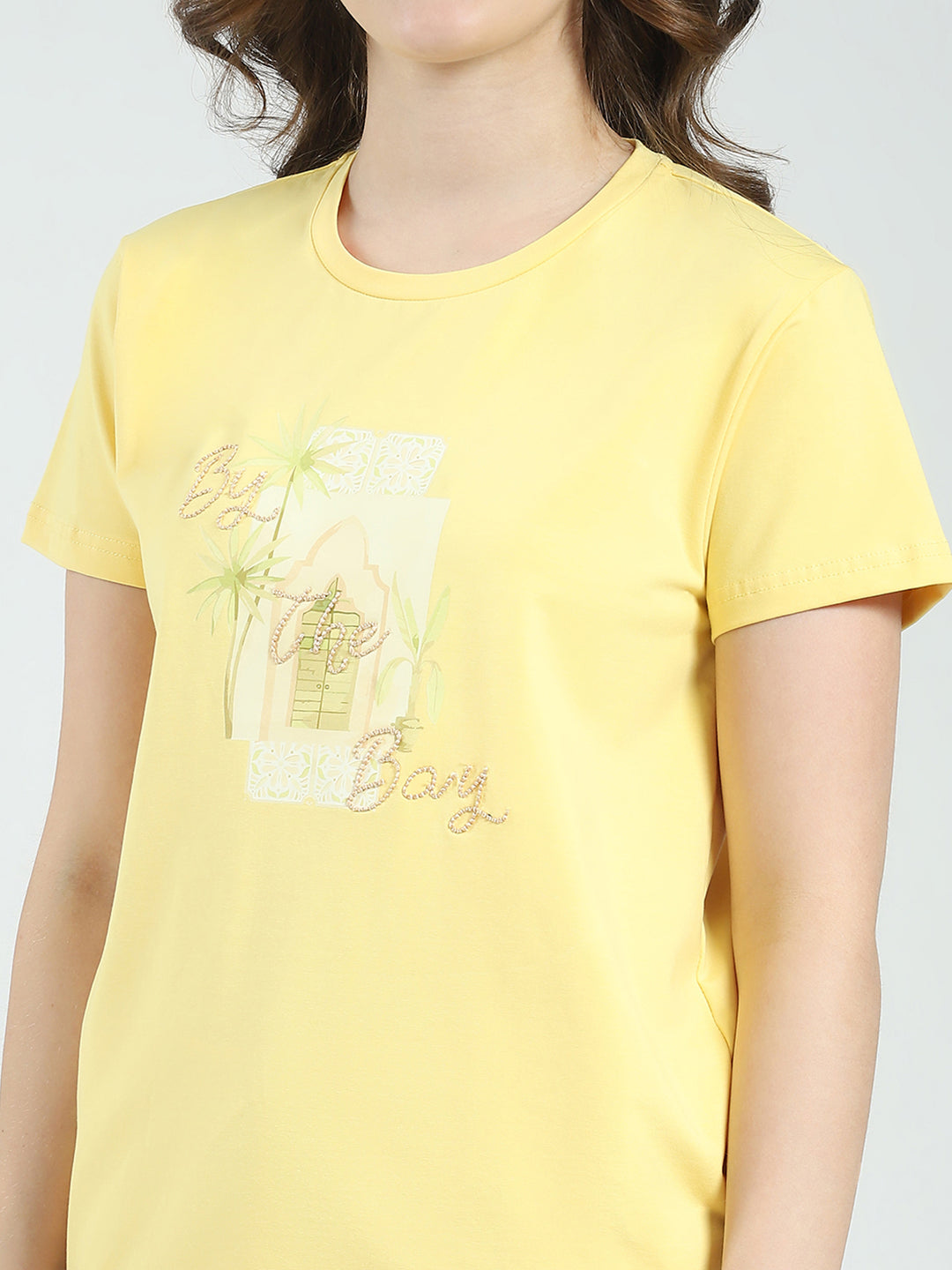 Women Yellow Printed Round Neck Half Sleeve Lower Set