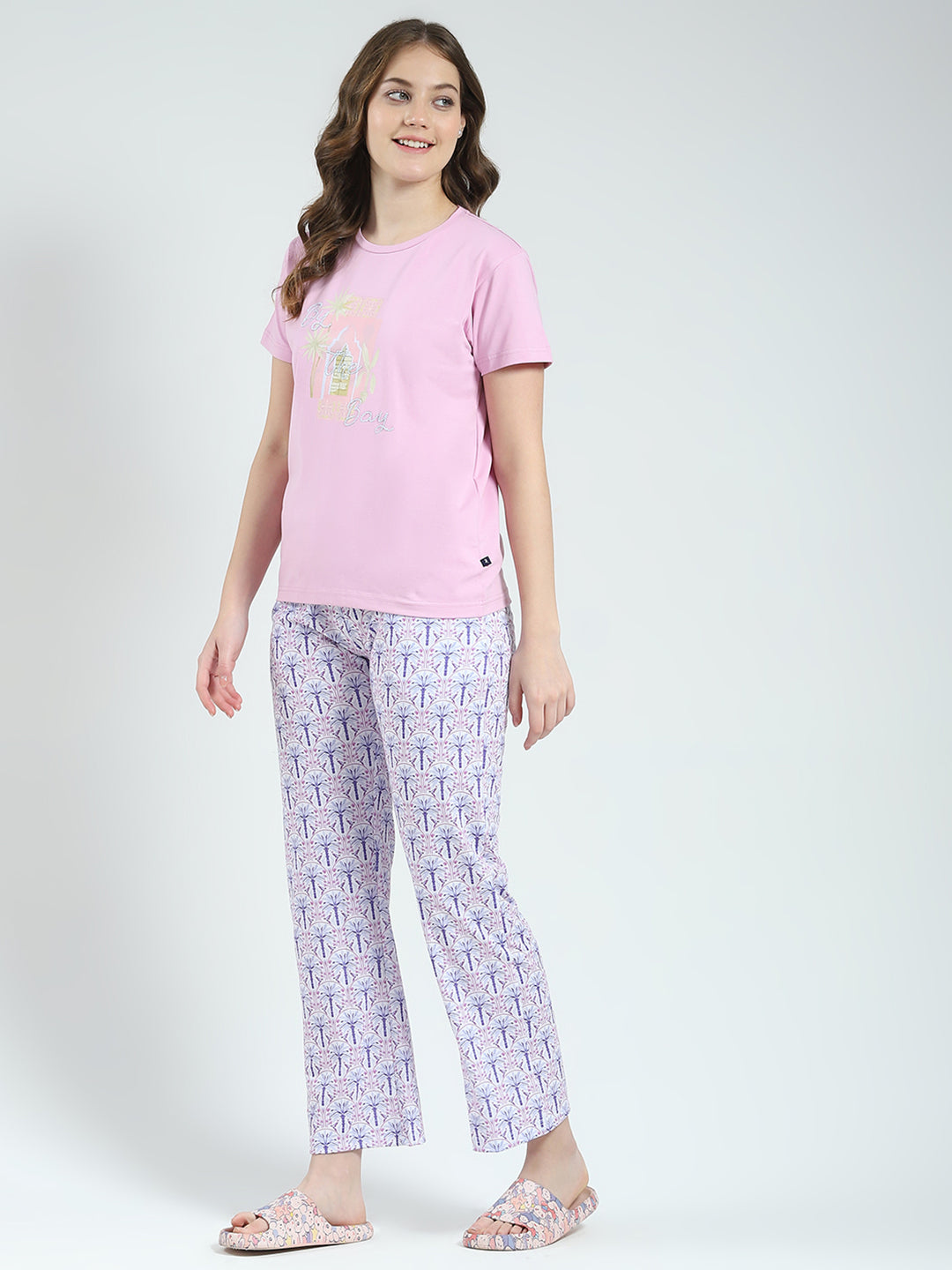 Women Purple Printed Round Neck Half Sleeve Lower Set