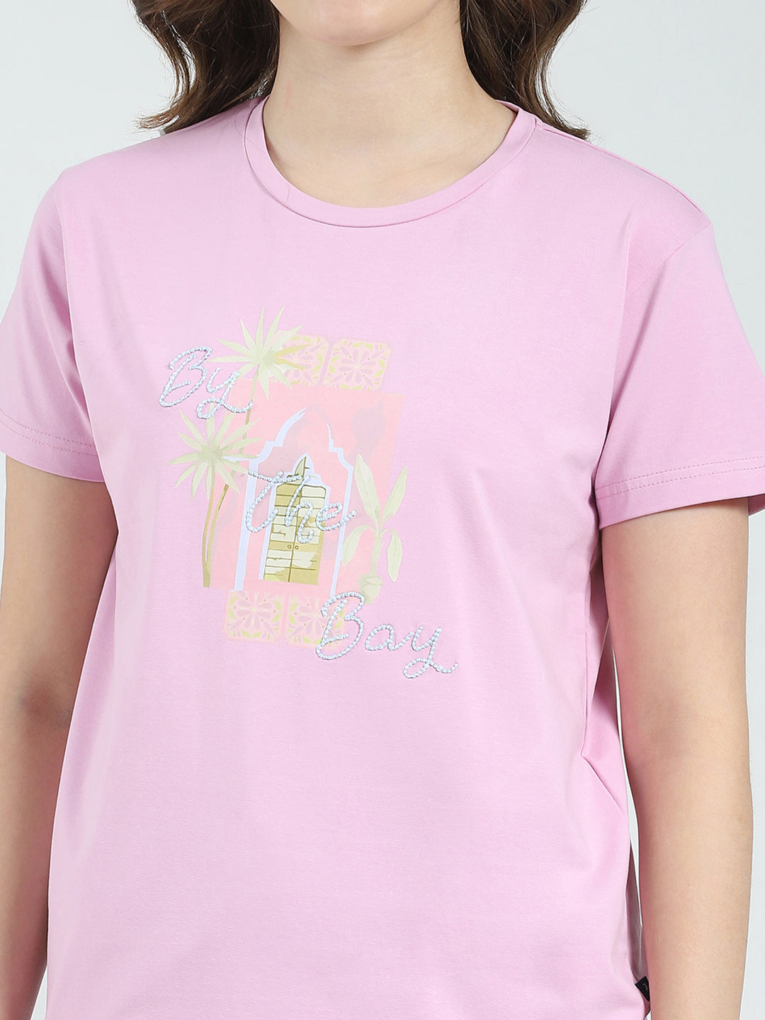 Women Purple Printed Round Neck Half Sleeve Lower Set