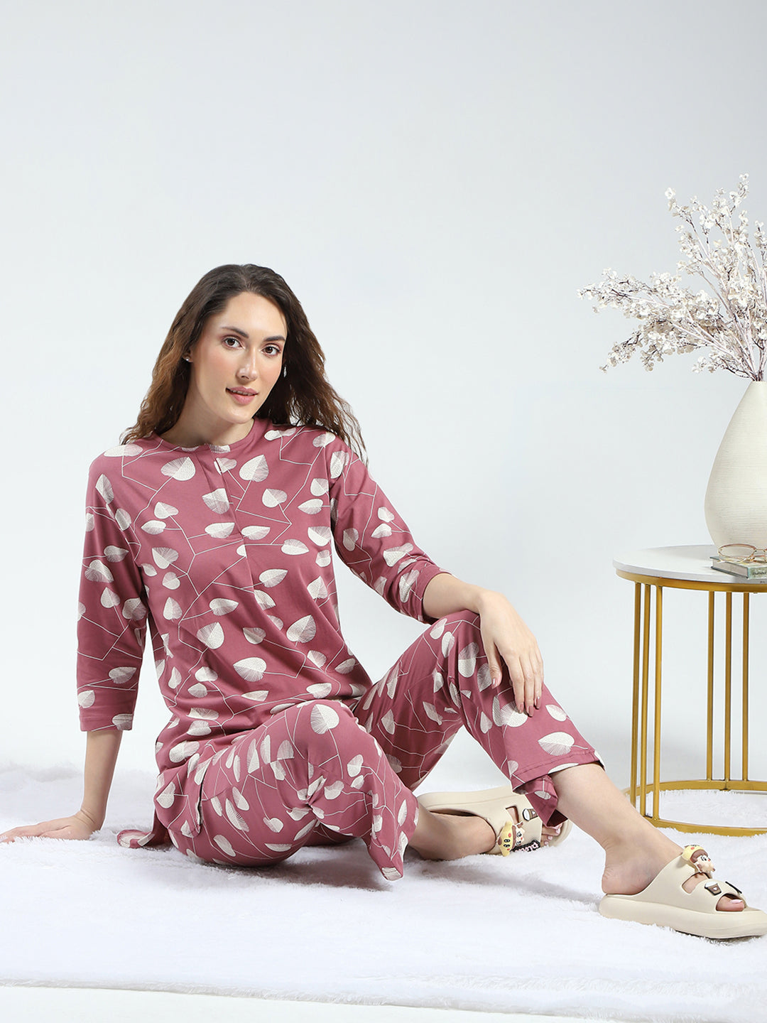 Women Pink Printed Round Neck 3/4th Sleeve Lower Set