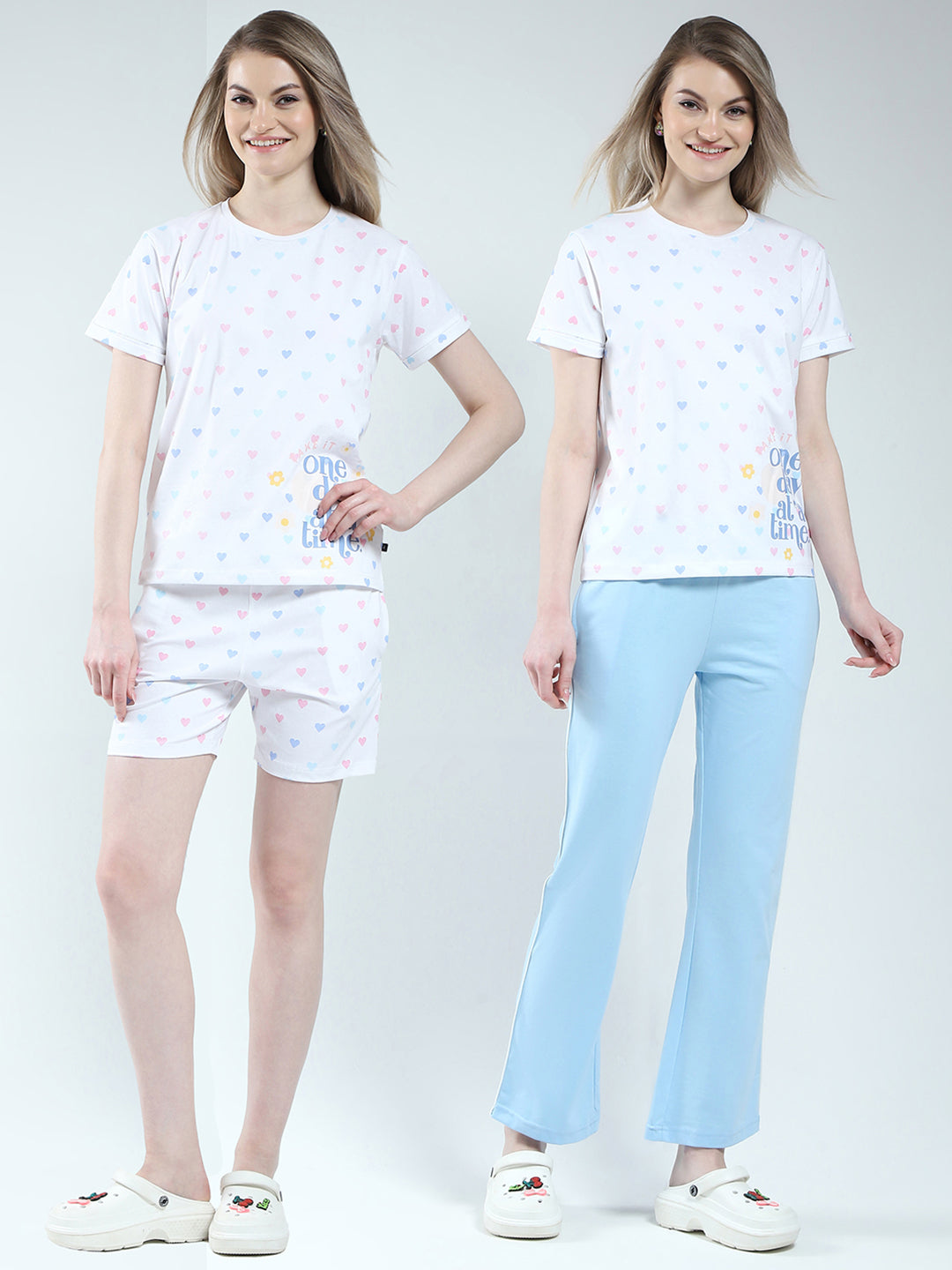 Women Blue Printed Round Neck Half Sleeve Combo Set