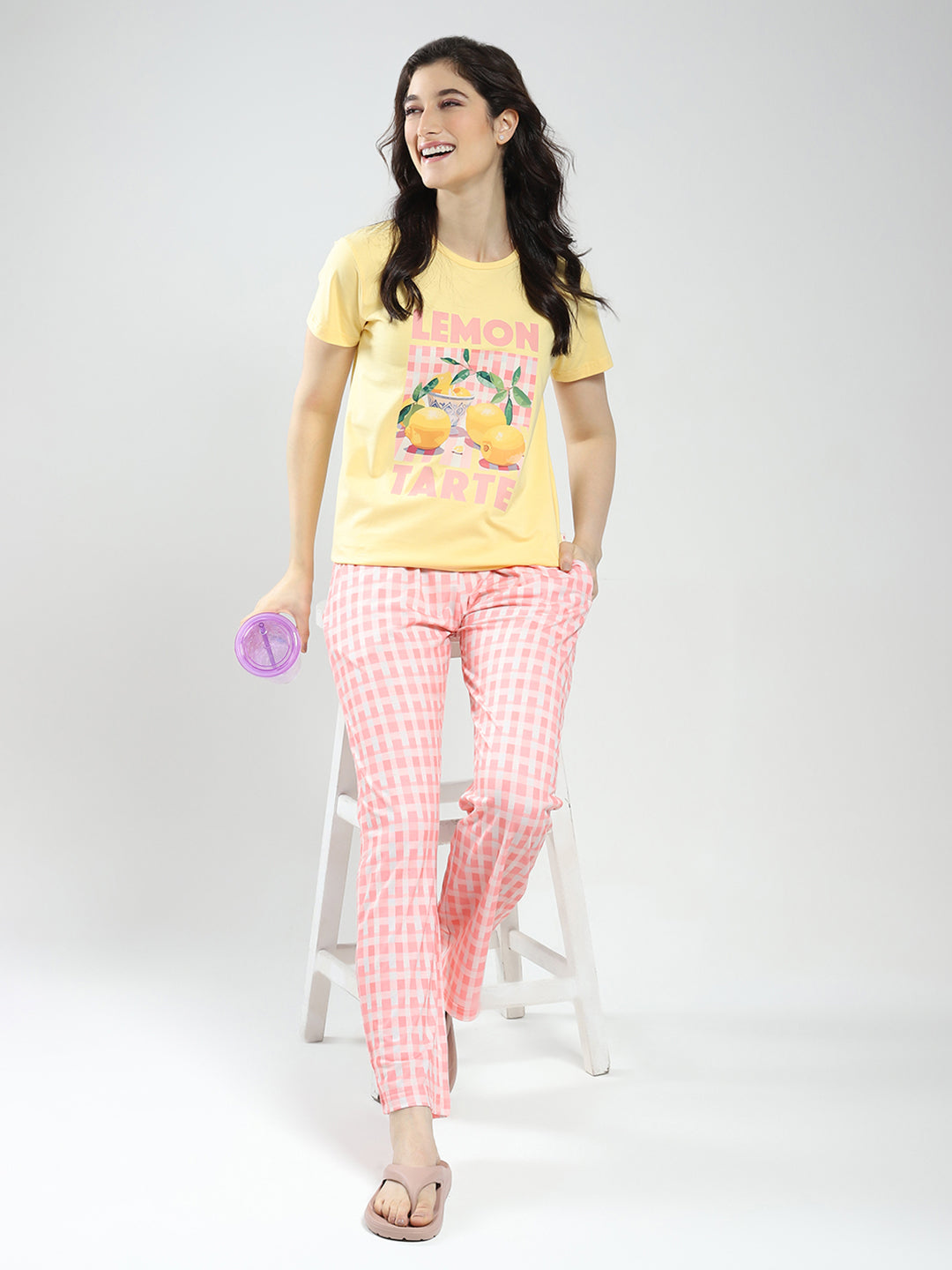 Women Yellow Printed Round Neck Half Sleeve Combo 3Pc Set (T-Shirt, Shorts & Lower)