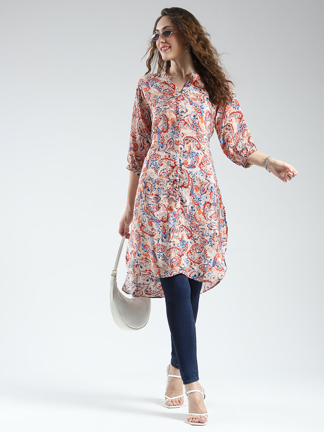 Women Brown Printed Round Neck 3/4th Sleeve Tunic