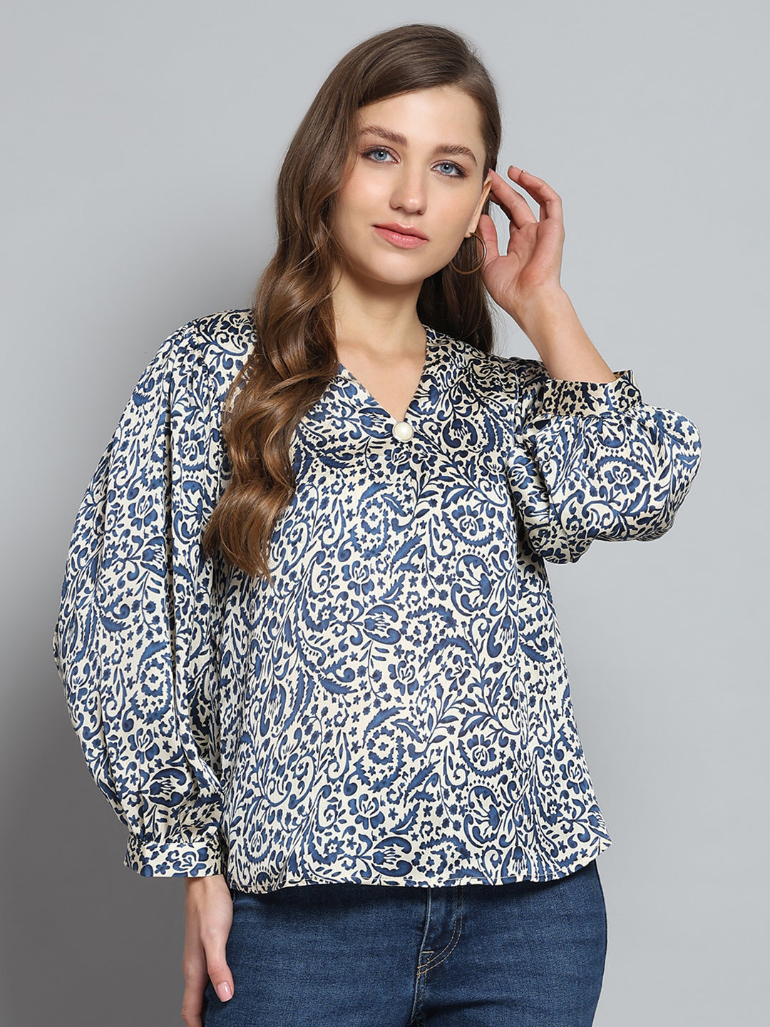 Women Blue Printed V Neck Full Sleeve Top