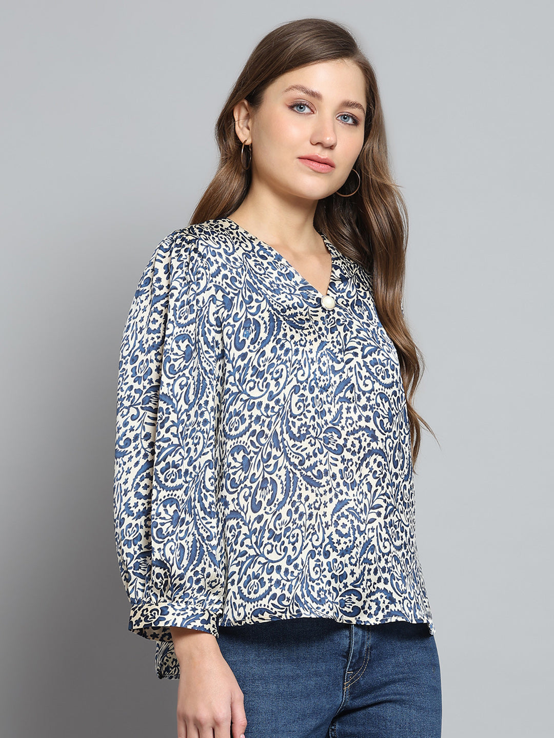 Women Blue Printed V Neck Full Sleeve Top