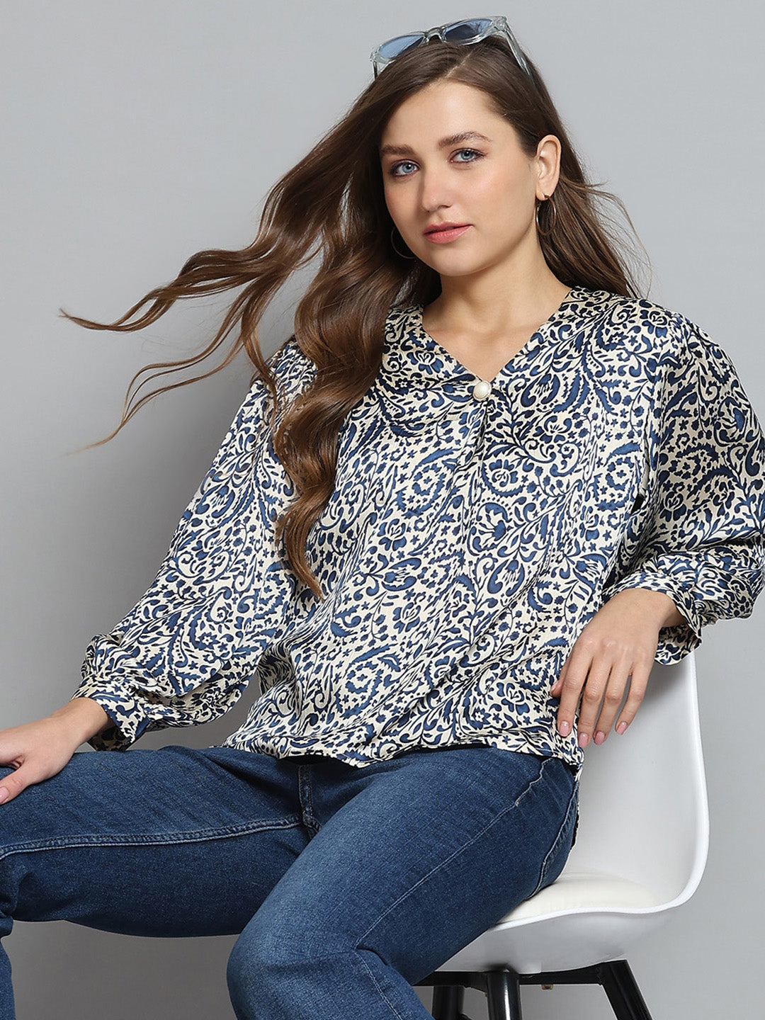 Women Blue Printed V Neck Full Sleeve Top