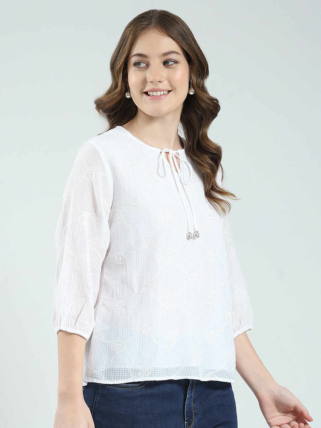 Women White Embroidered Round Neck 3/4th Sleeve Top