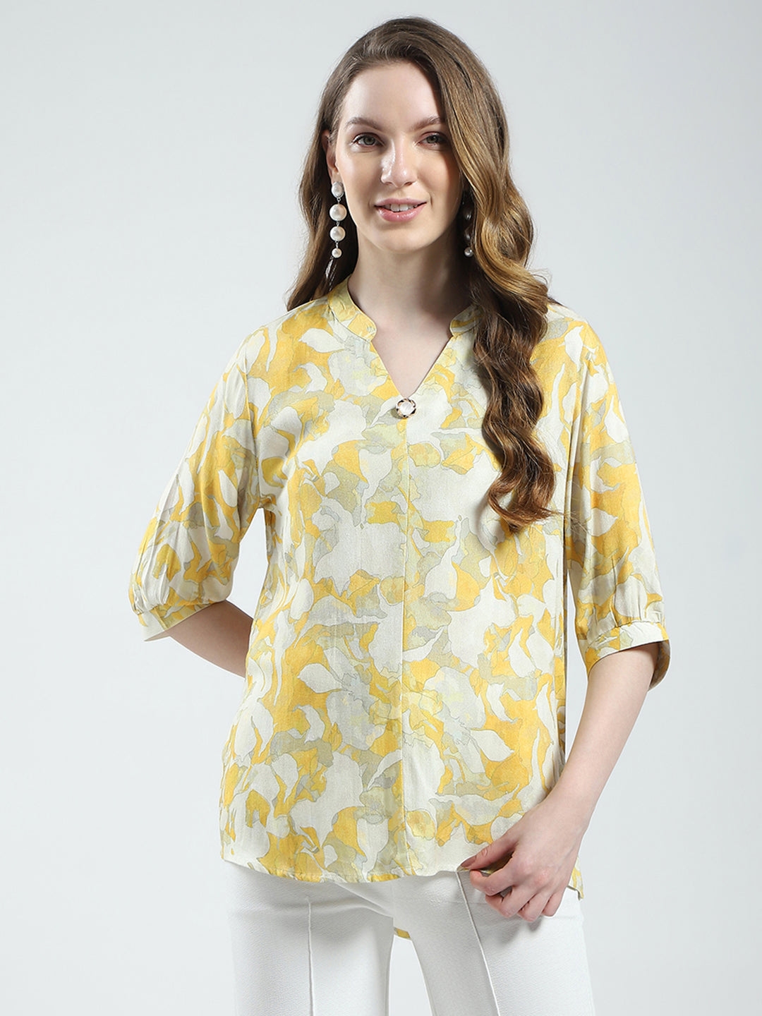 Women Yellow Printed V Neck Half Sleeve Top