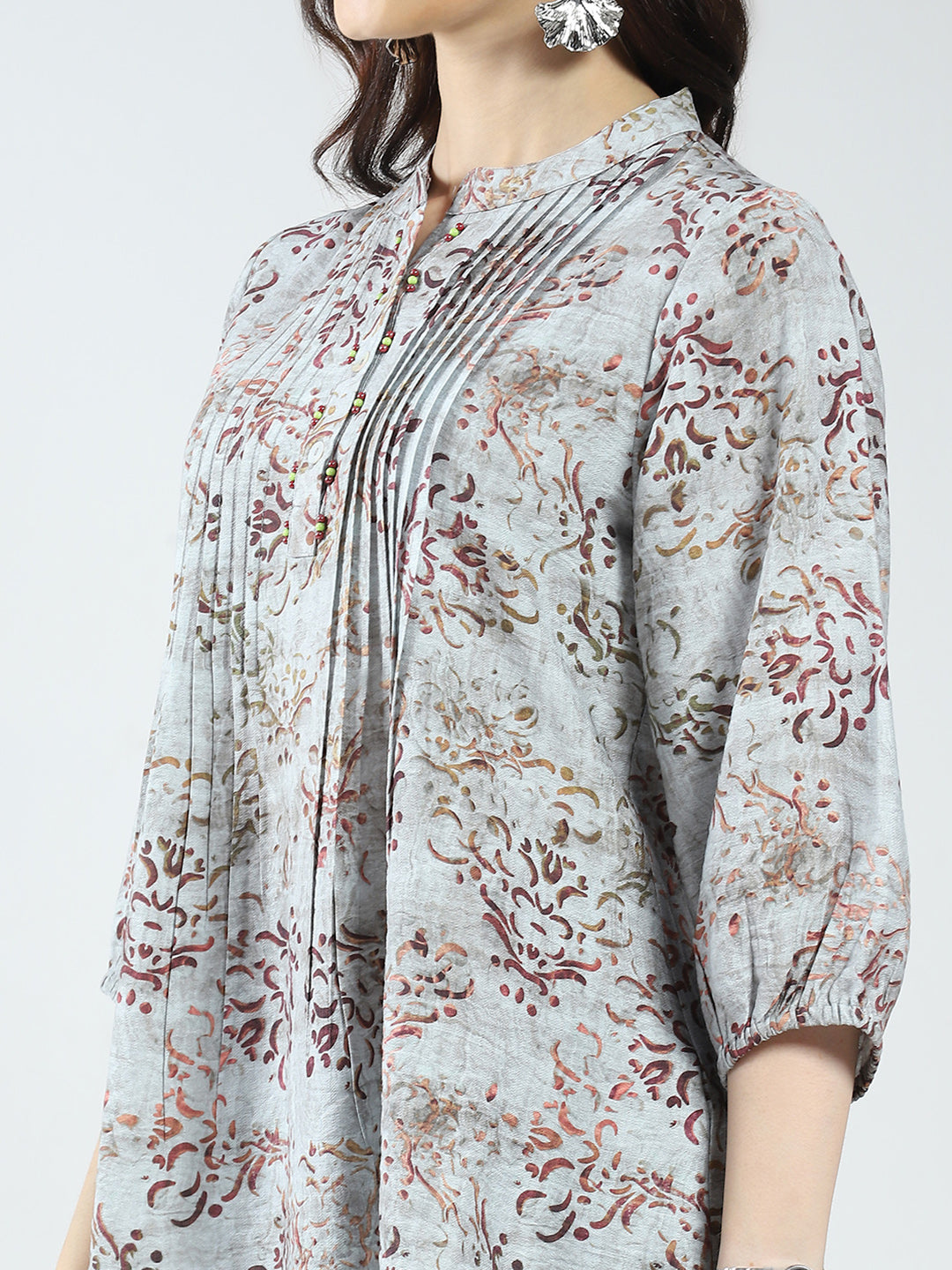 Women Grey Printed Band Neck 3/4th Sleeve Top