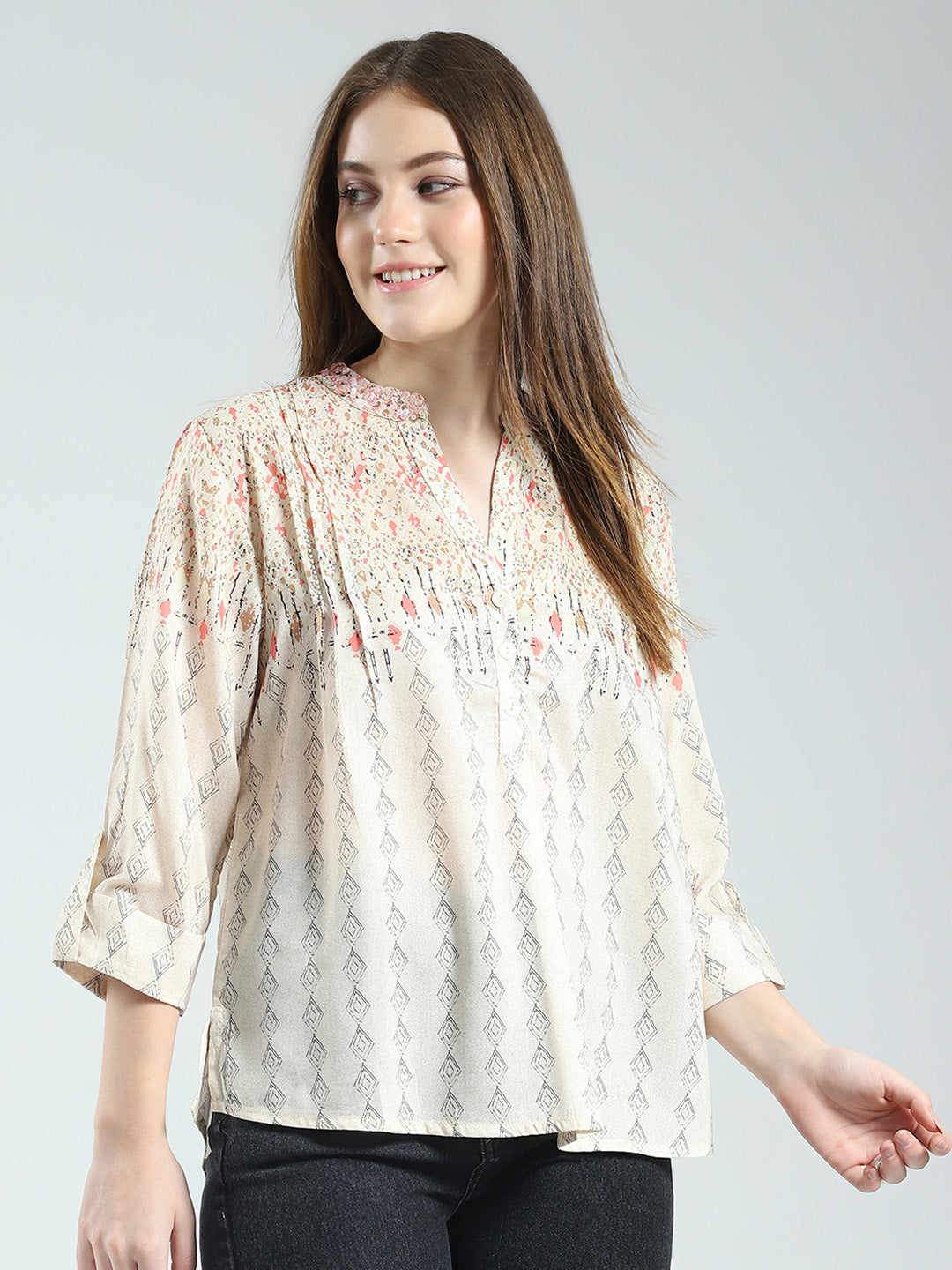 Women Beige Printed Band Neck 3/4th Sleeve Top