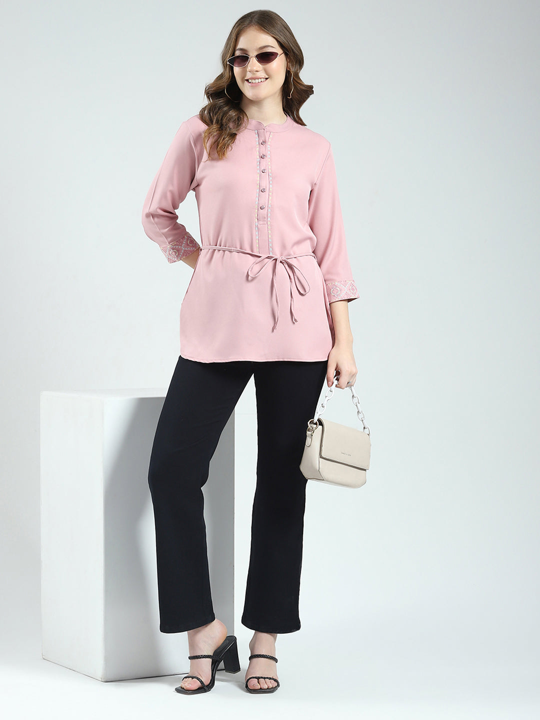 Women Pink Embroidered Round Neck 3/4th Sleeve Top