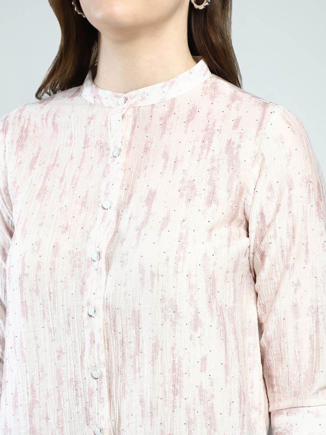 Women Beige Printed Band Collar 3/4th Sleeve Top