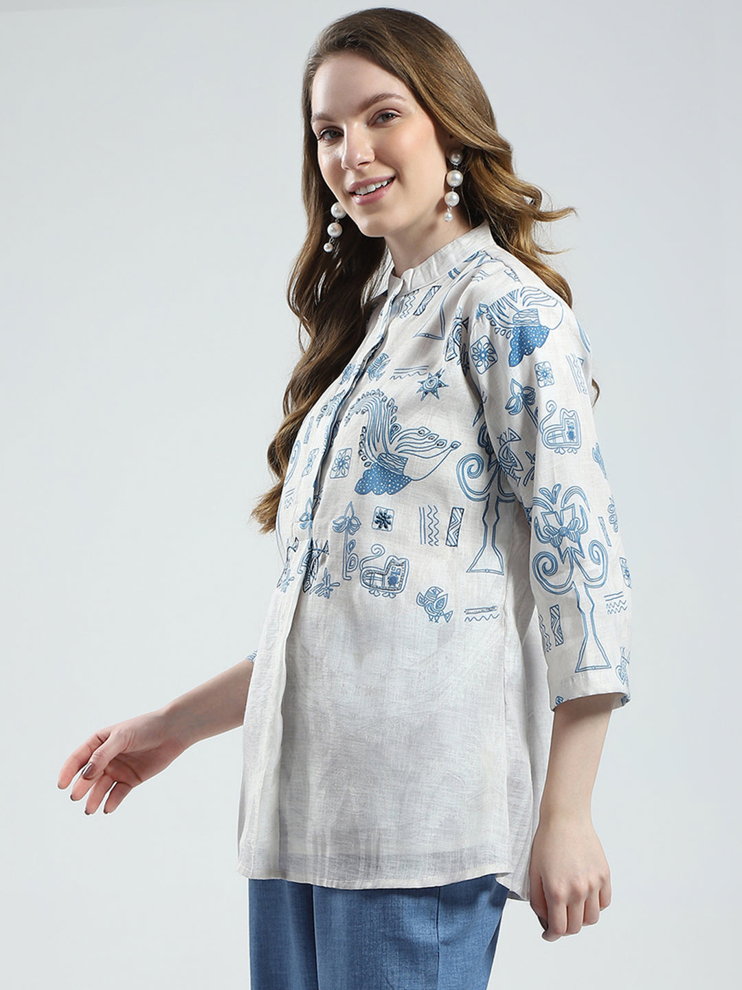 Women White Printed Band Collar 3/4th Sleeve Top