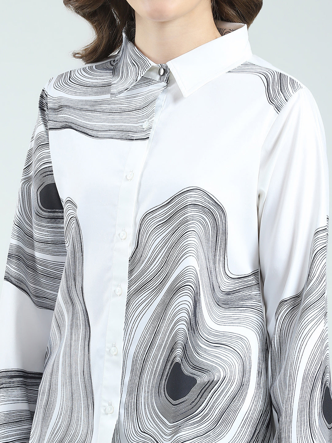 Women White Printed Collar Full Sleeve Top