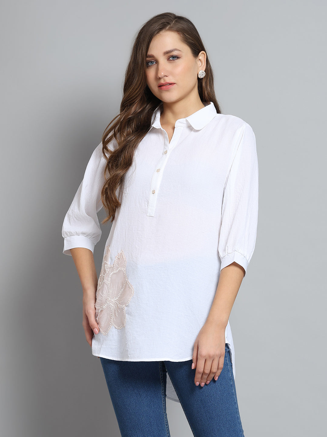 Women White Self Design Collar 3/4th Sleeve Top