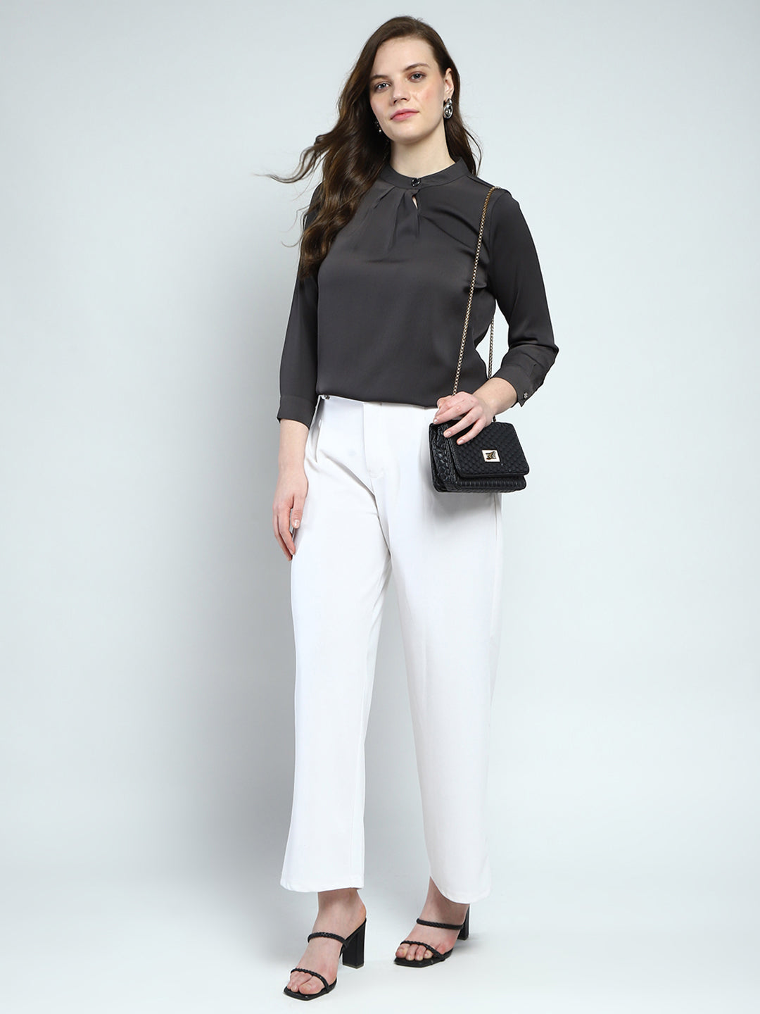 Women Grey Solid Front Open Full Sleeve Top