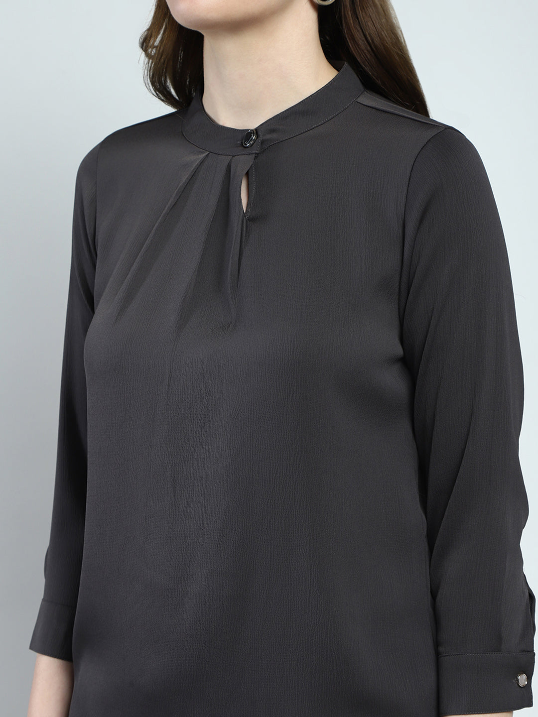 Women Grey Solid Front Open Full Sleeve Top