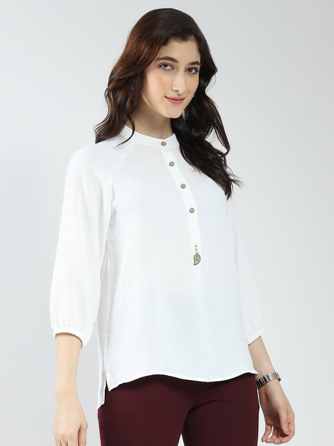 Women White Solid Band Neck 3/4th Sleeve Top