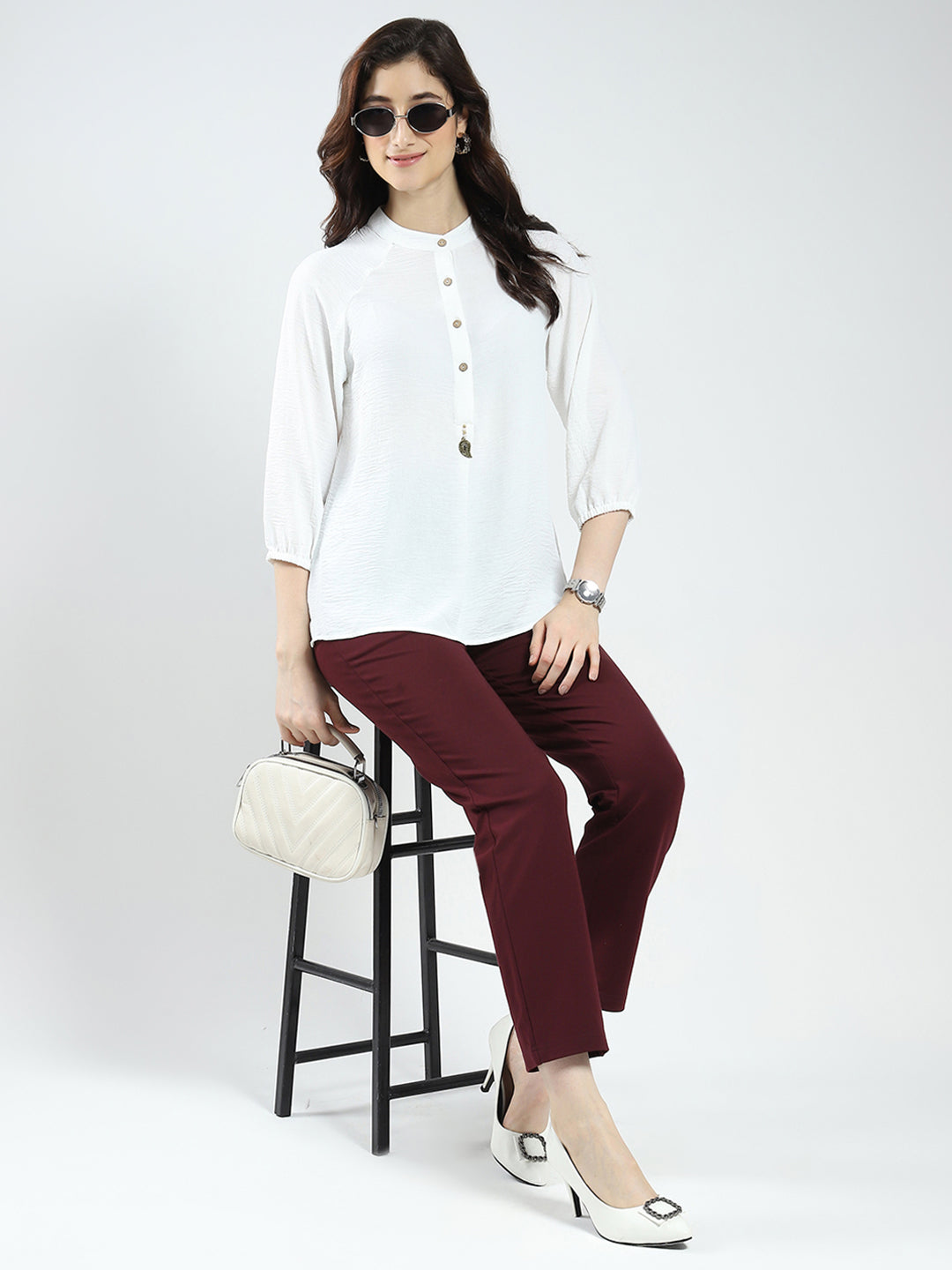 Women White Solid Band Neck 3/4th Sleeve Top