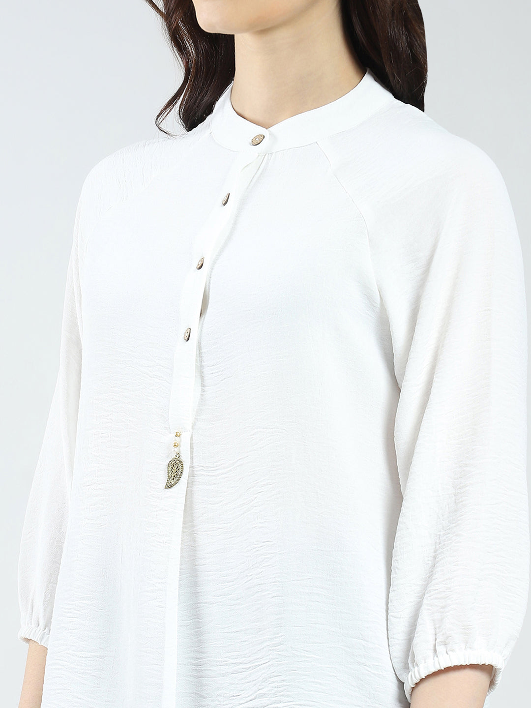 Women White Solid Band Neck 3/4th Sleeve Top