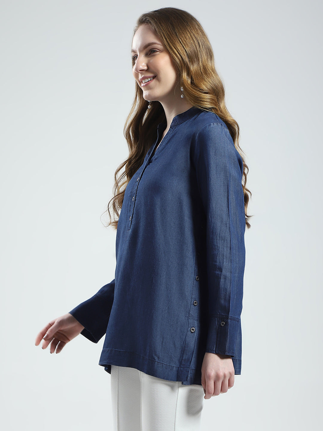 Women Blue Solid Band Collar Full Sleeve Top