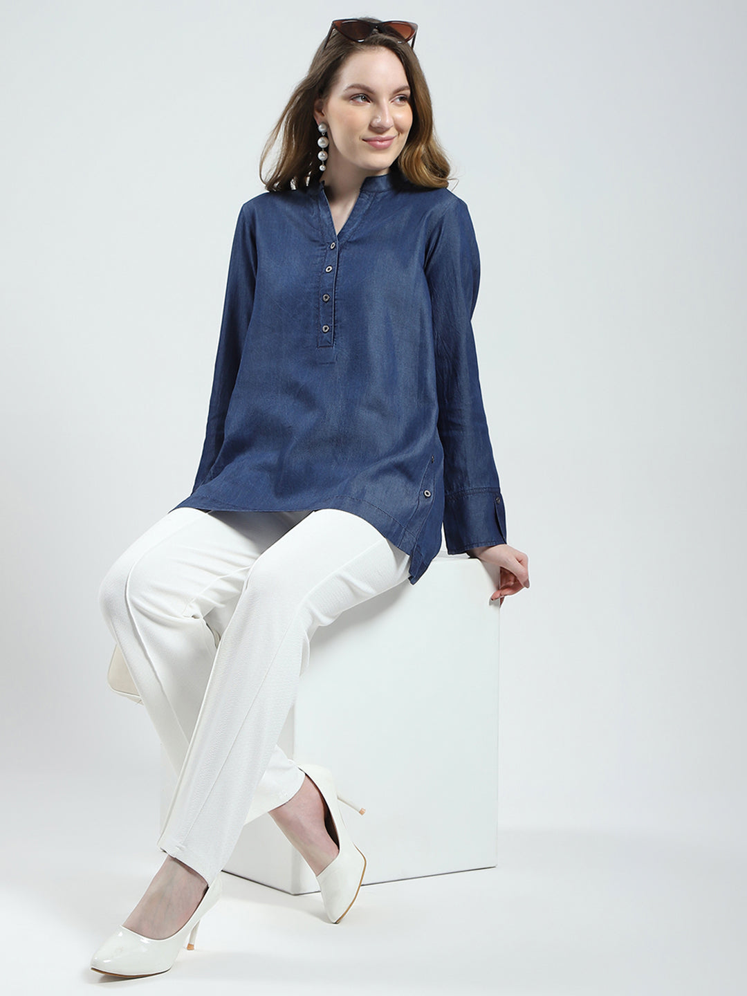 Women Blue Solid Band Collar Full Sleeve Top