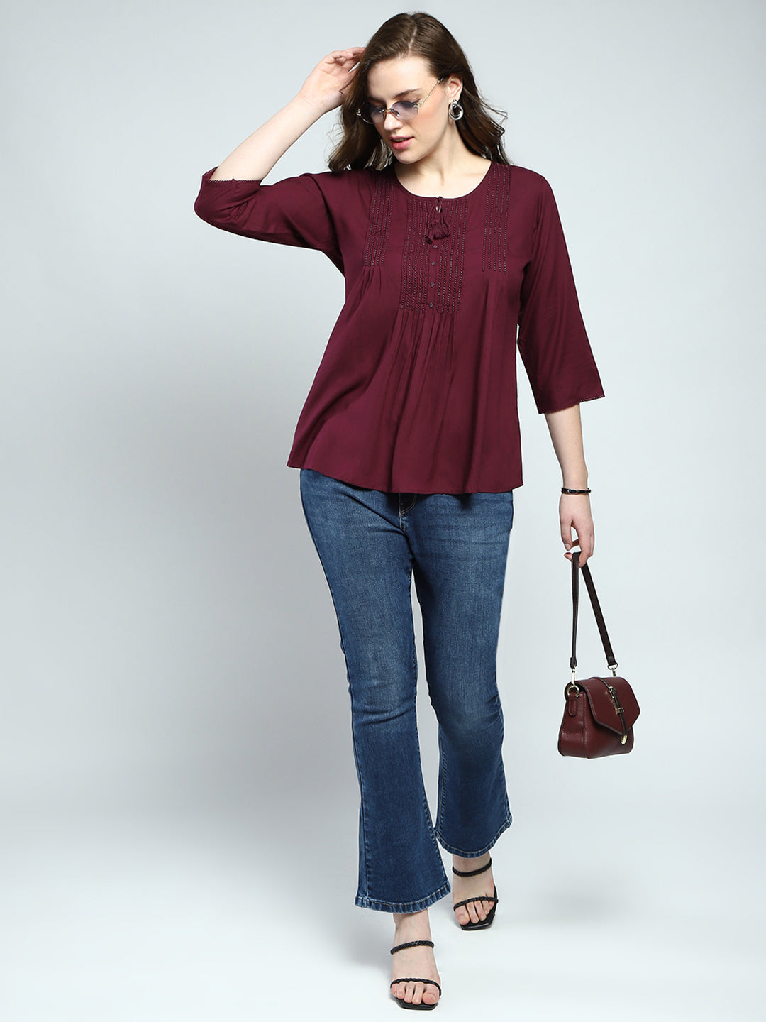 Women Maroon Self Design Round Neck 3/4th Sleeve Top