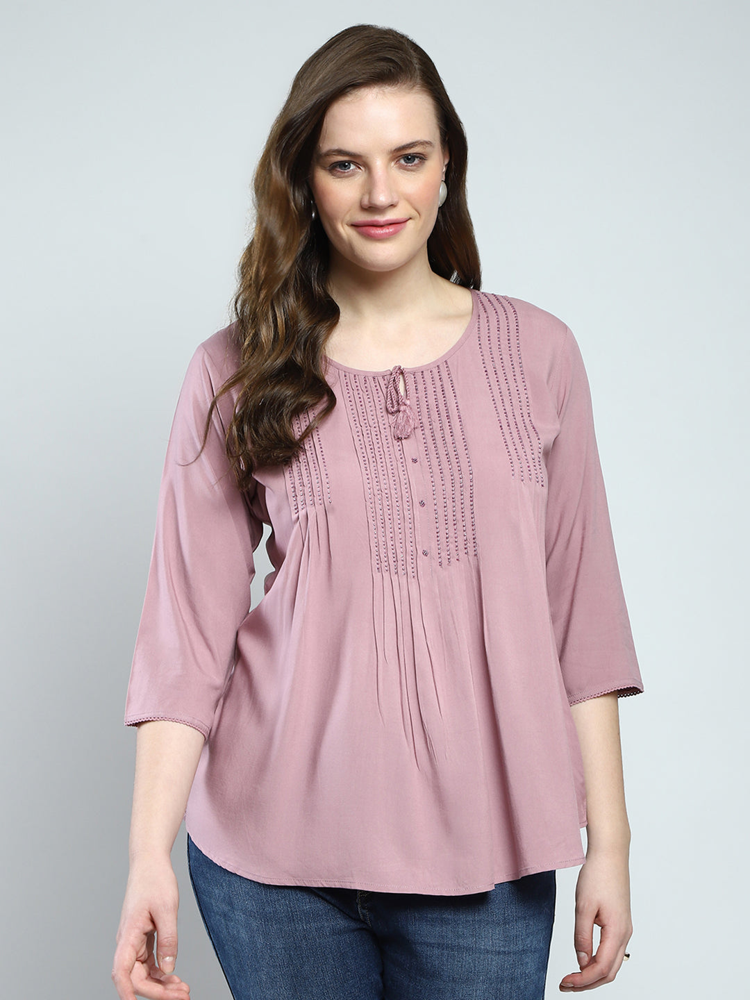 Women Pink Self Design Round Neck 3/4th Sleeve Top