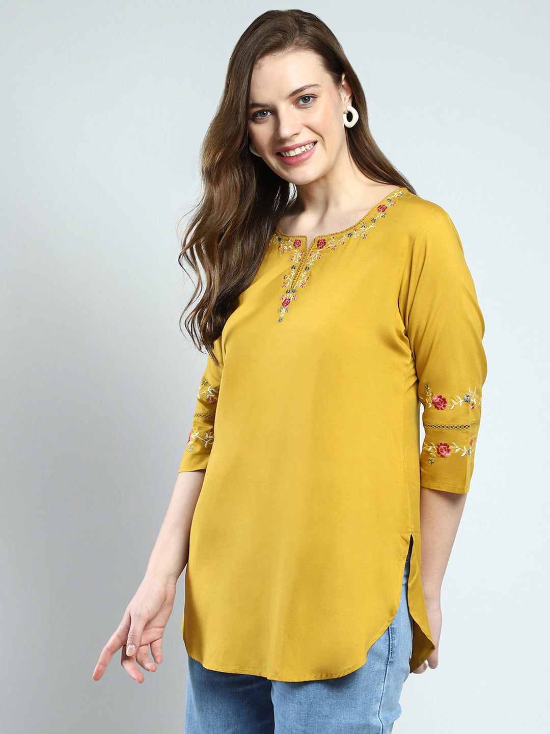 Women Mustard Embroidered Round Neck 3/4th Sleeve Top