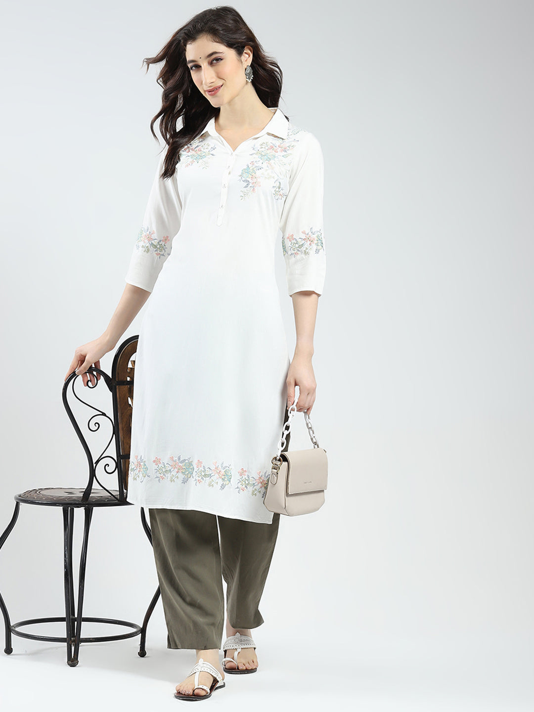Women White Self Design Collar 3/4th Sleeve Kurti