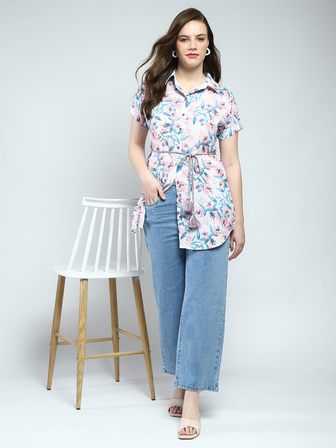 Women White Printed Collar Half Sleeve Tunic