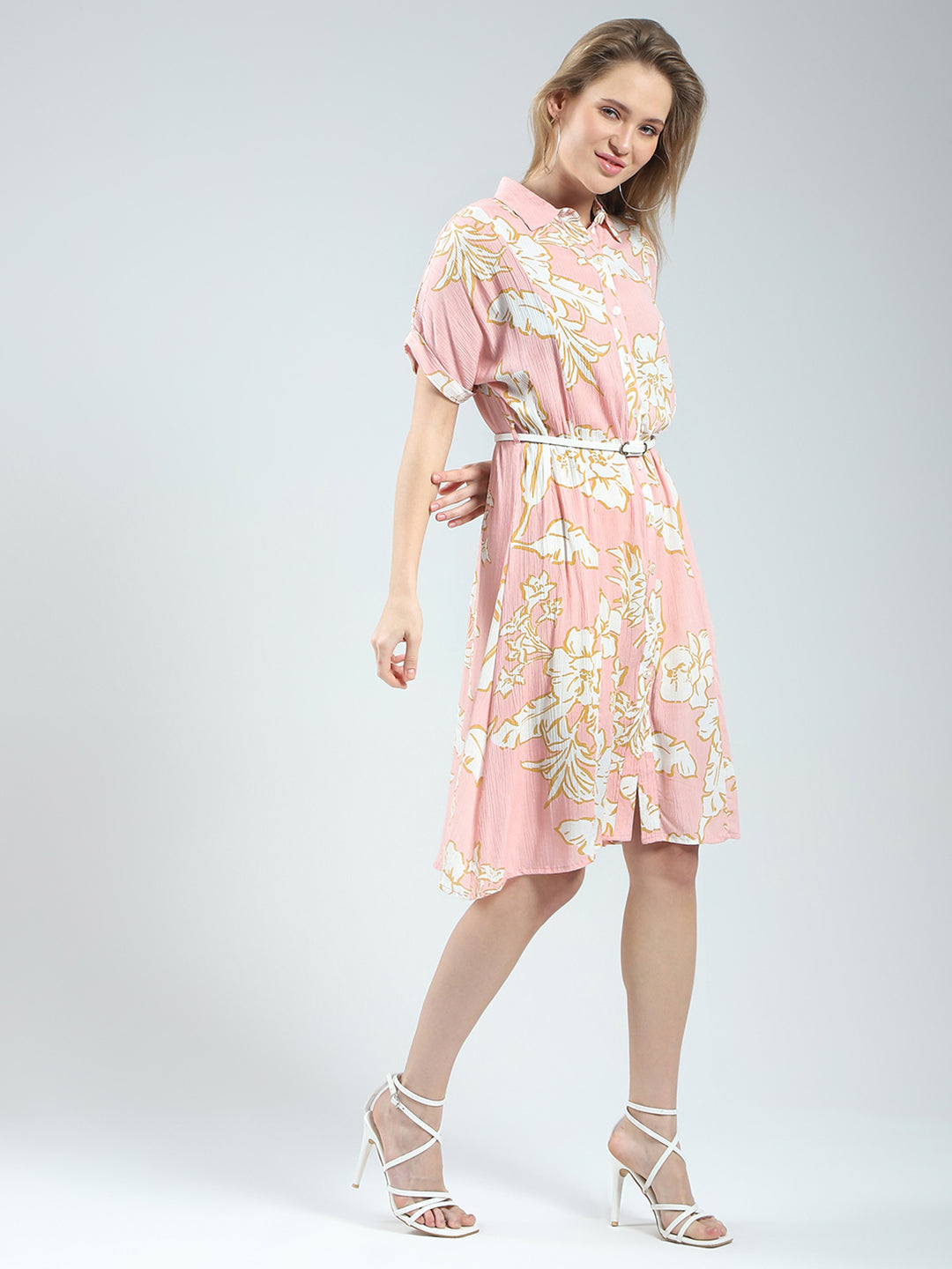 Women Pink Printed Collar Half Sleeve Tunic