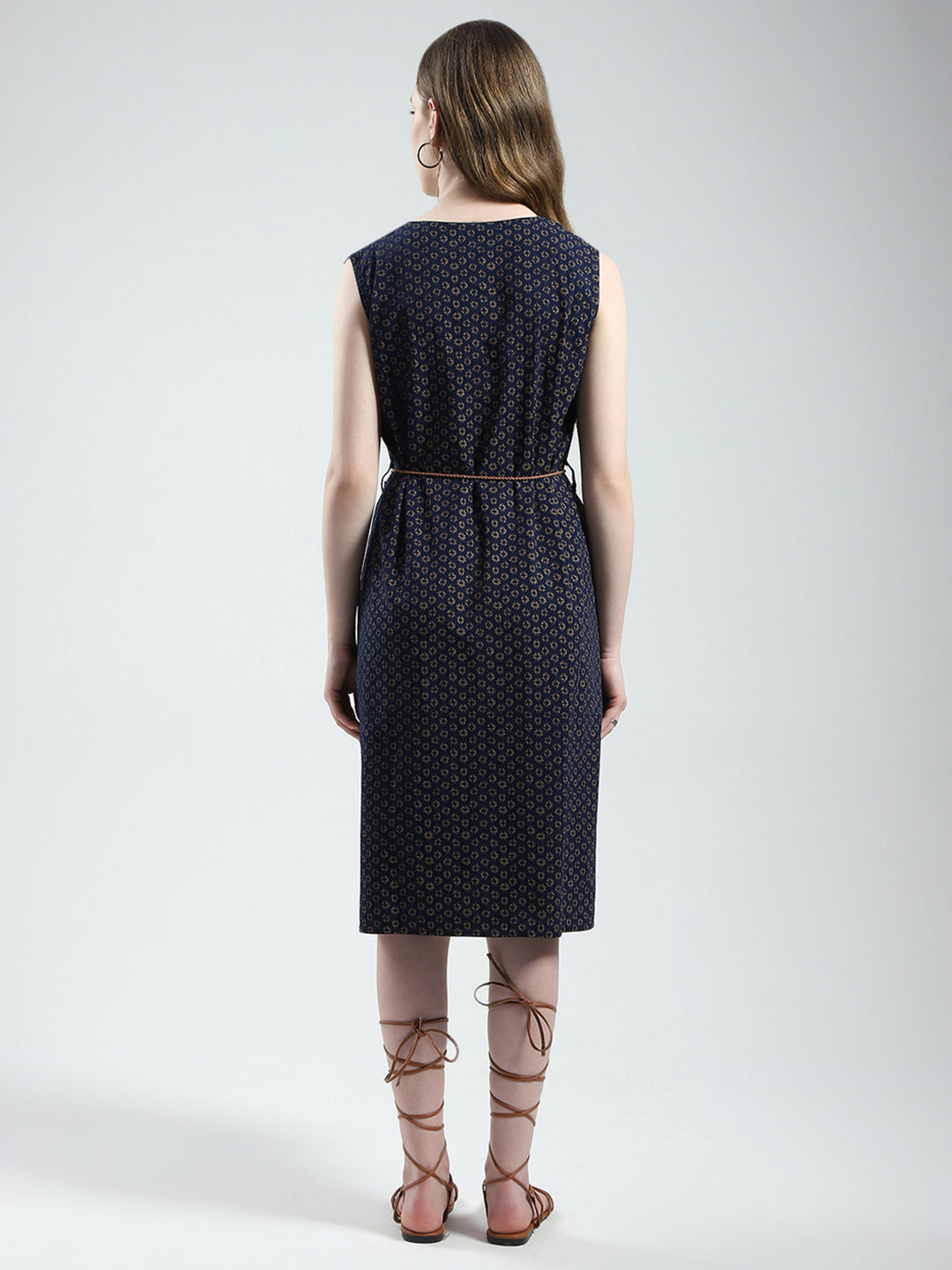 Women Navy Blue Printed V Neck Sleeveless Tunic