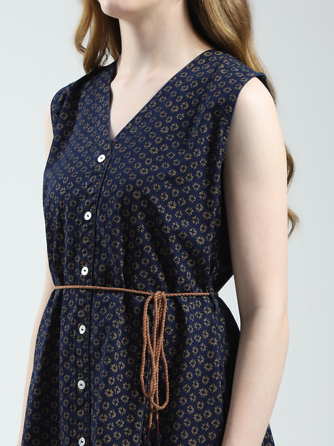 Women Navy Blue Printed V Neck Sleeveless Tunic